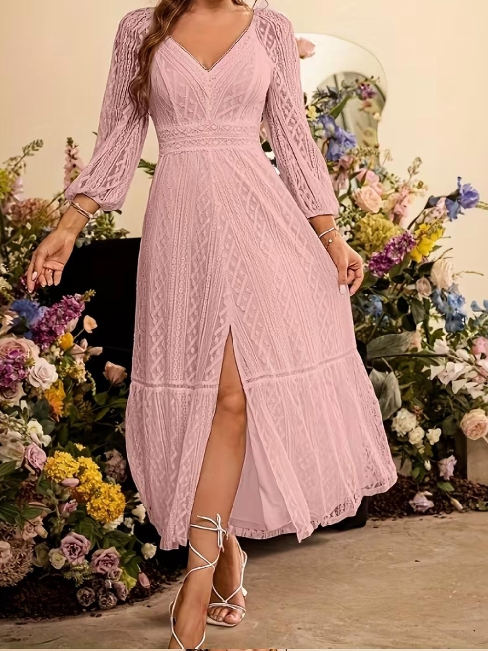 V-Neck Lace Midi Dress in Blush Pink
